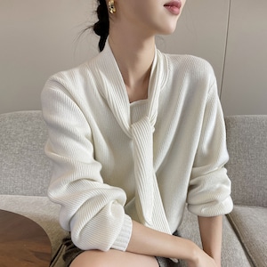 ivory ribbon tie knit(2color)<t3367>