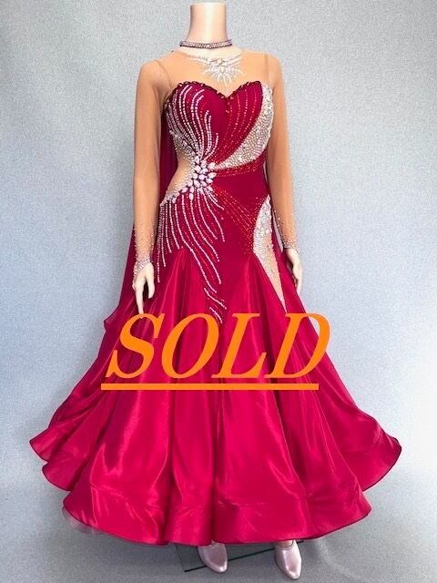社交ダンス ドレス　スタンダード　モダンドレス　カージナルレッド　M　デモ・競技用ドレス　発表会衣装　パーティドレス　ワンピース　舞台衣装