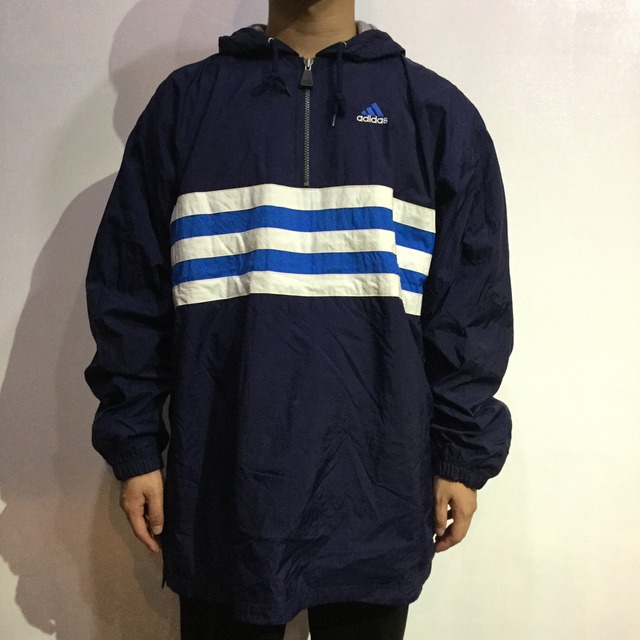 『送料無料』adidas ナイロンアノラックパーカー 3本ライン ネイビー XL