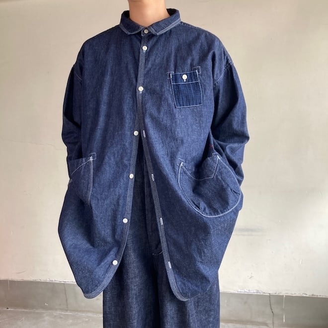 45R デニムシャツ ロング ワンピース／インディゴ／ユニセックス／日本製 45R デニムシャツ ロング ワンピース／インディゴ／ユニセックス