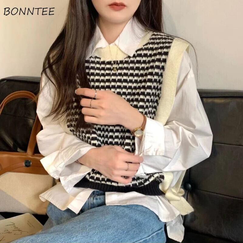 【新作】【送料無料】 セーターベスト女性レトロユニセックス原宿秋スタイリッシュな BF 新しいエレガントなニットカジュアル学生ストリートオールマッチノースリーブ 0256655524859