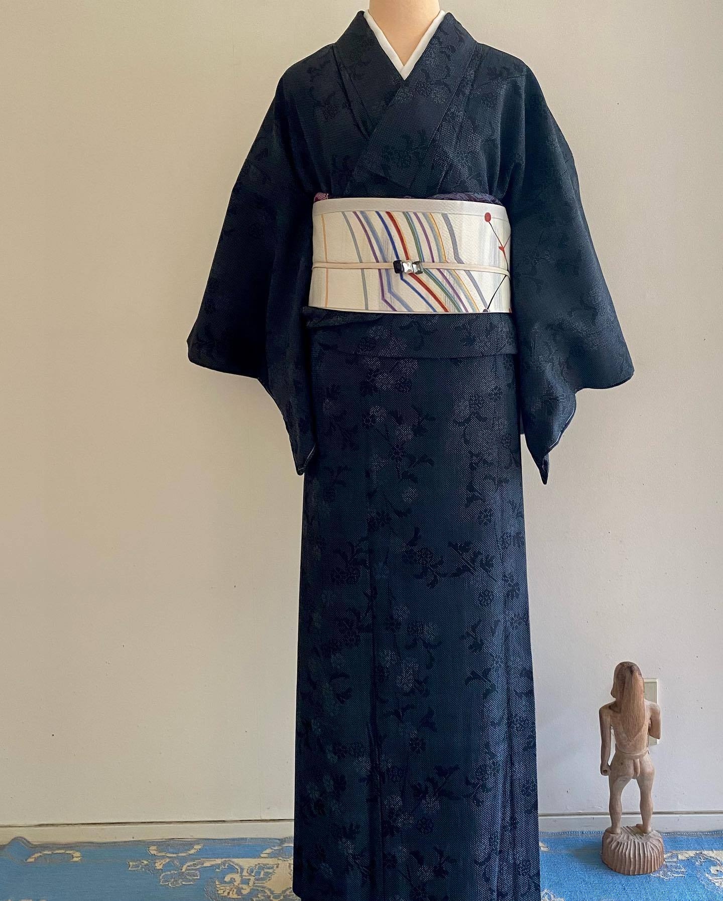 本塩澤紺色に野の花単衣着物 | yumekichi_kimono