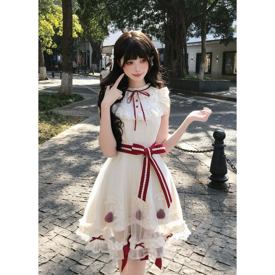 【古董人形館】 いちごクリームブーケ ロリータドレスセッド 3点 甘ロリ 甘ロリ｜量産型 いちごムースケーキ風ノースリーブワンピース ベルト