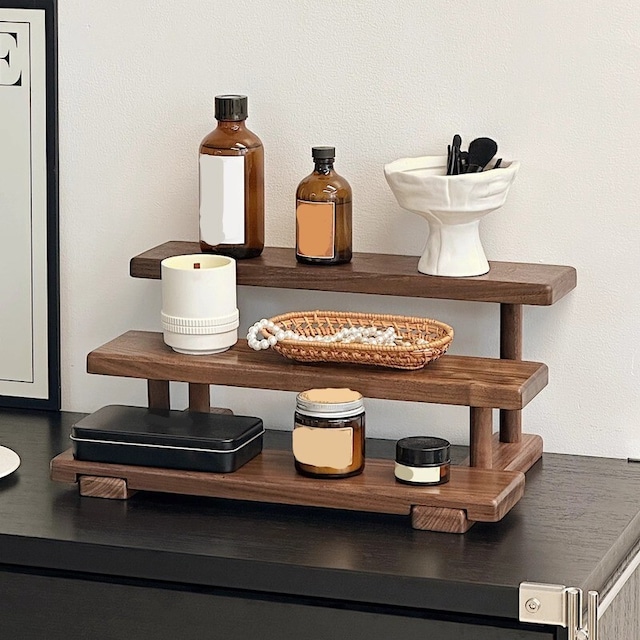 ディスプレイ シェルフ ナチュラル 3段 木目 おしゃれ かわいい インテリア トレイ アクセサリー ラック メイク コスメ 収納 コンパクト 棚 ダイニング キッチン 展示 北欧 韓国風