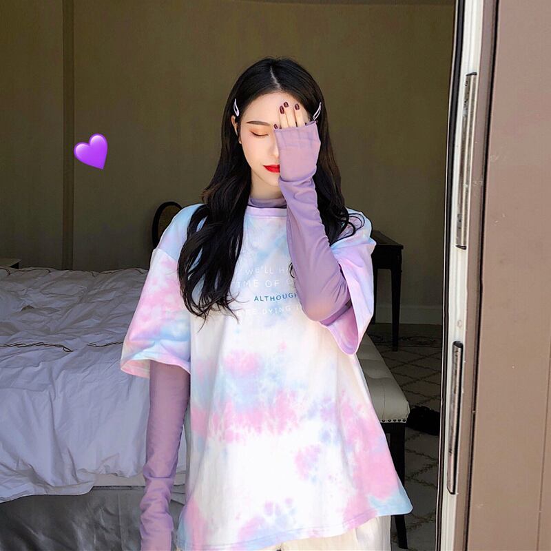 絞り染め半袖ルーズTシャツトップス+パープルメッシュインナー長袖ボトミングシャツレディース2020年夏新作スタイル YY-ファッション71558479960