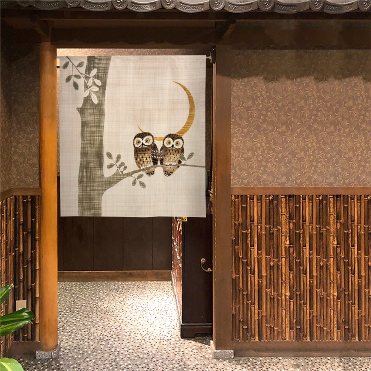 【受注生産】 のれん  麻風フクロウ 85×90cm