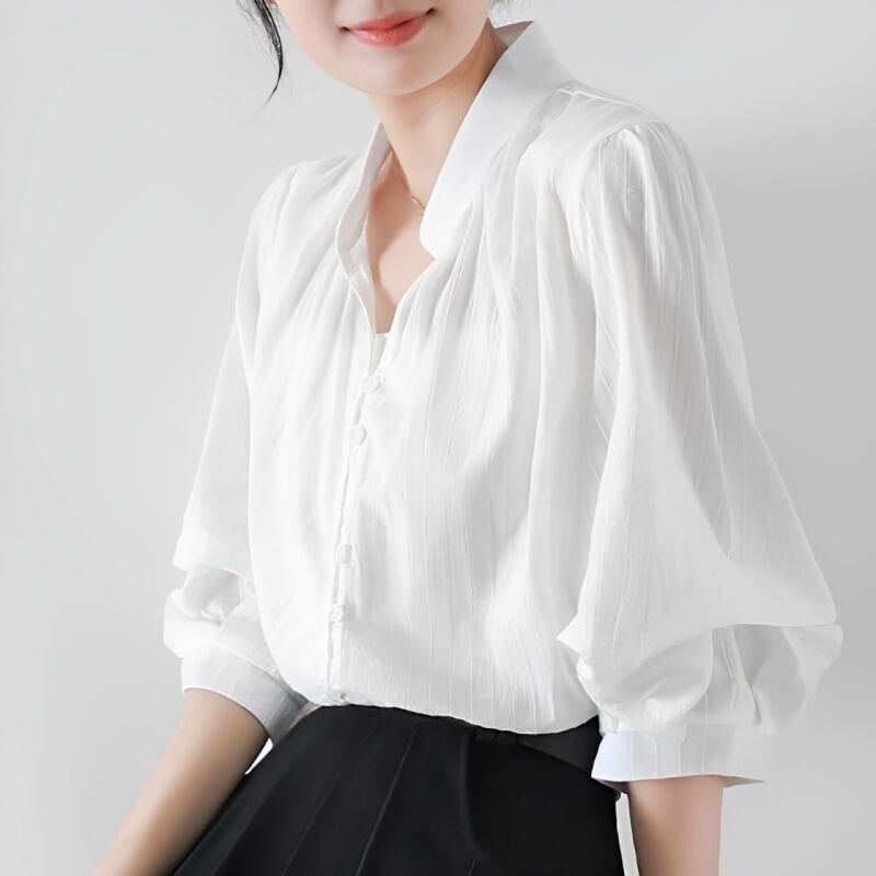 スキッパーカラーストライプ7分丈ブラウス E00219