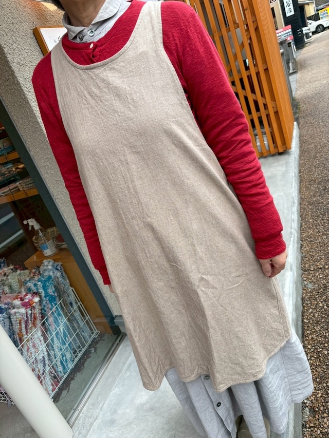 バッククロスプルオーバー  ラウンドネックショート　リネンナチュラル　エプロン　