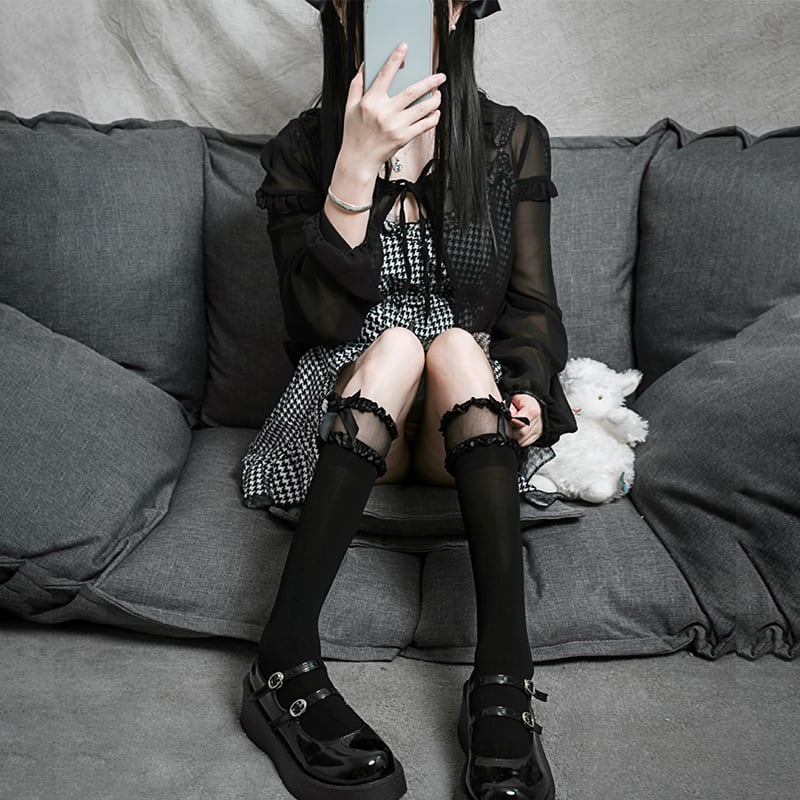 サブカル 服 地雷系 通販 ブラックホワイト ハイソックス メッシュ フリル ゴシック 闇かわいいバンギャ