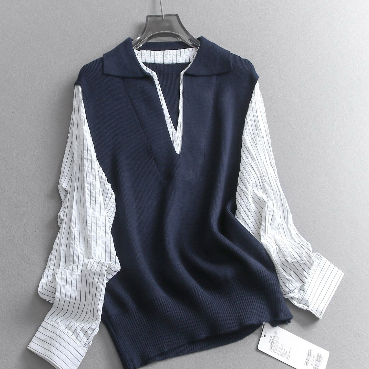 Collared Stripe Shirt Layered Knit Vest Shirt Dress TO0993