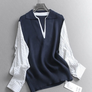 Collared Stripe Shirt Layered Knit Vest Shirt Dress TO0993