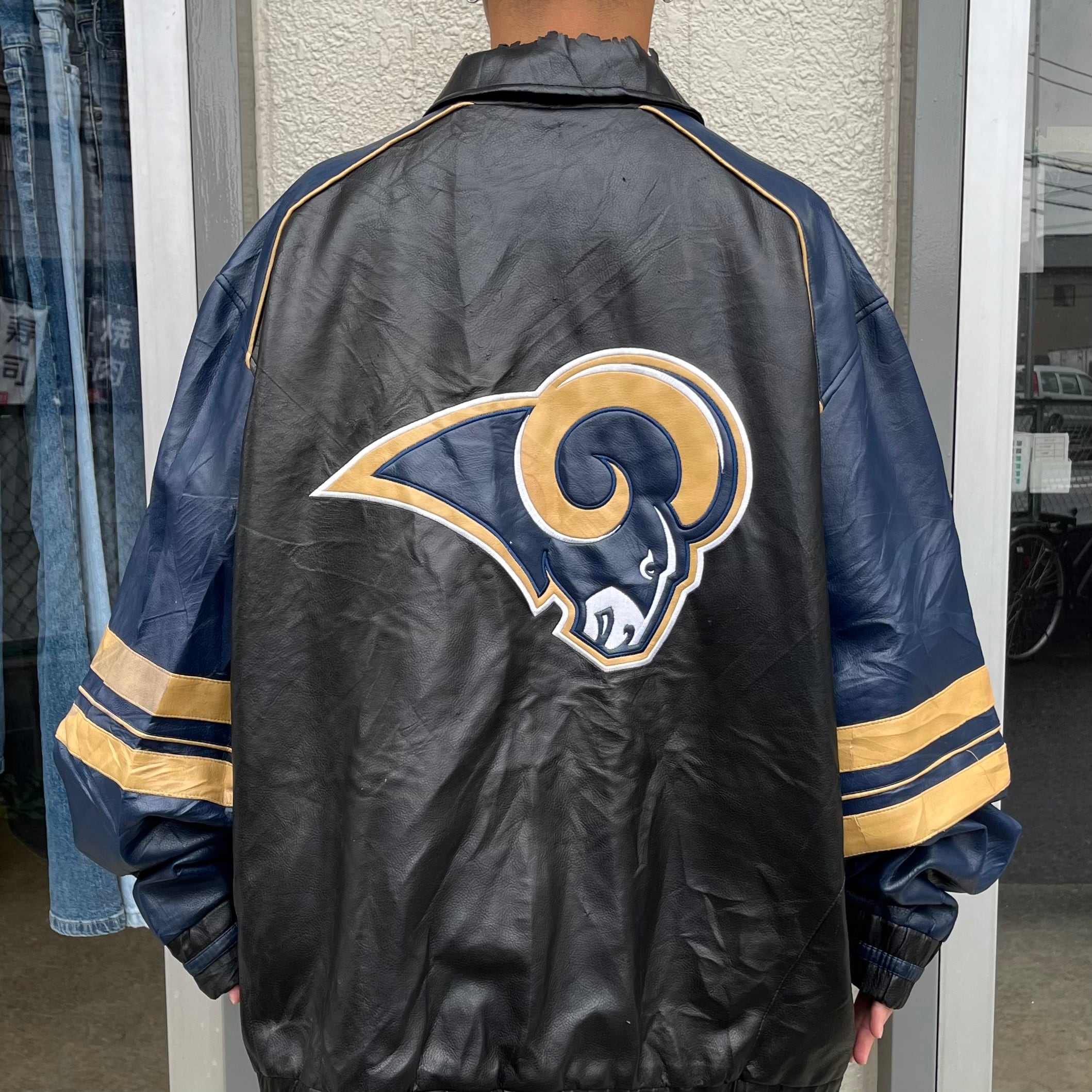 古着 ストリート NFL レザージャケット 刺繍ロゴ RAMS 革ジャン