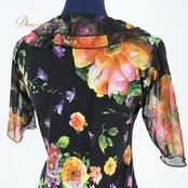 【美品 社交ダンス衣装】ブラック トップス ブラウス 黒 オレンジ 黄 青 花柄 透け感 華やか レッスン 練習着 フリル かわいい