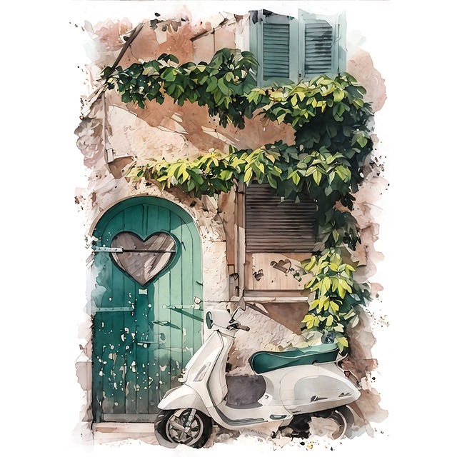 絵画 イタリア風景画(街並み) ベスパのある風景 インテリアアート額付き 水彩画・油絵調 WAT0193