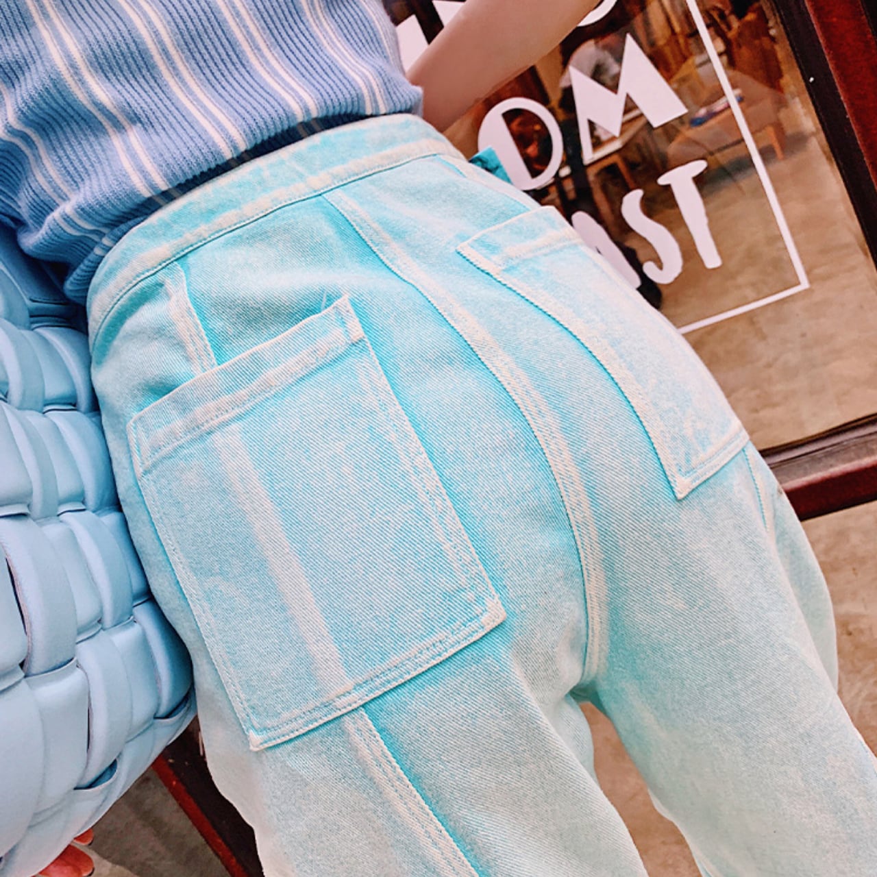 bright blue denim pants | Dress up market