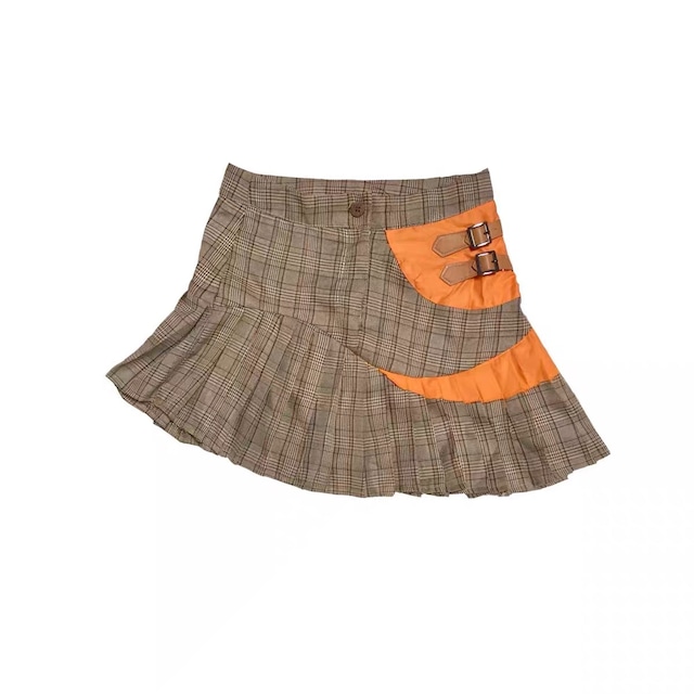 【Flowers birds Market】Plaid shaped stitching pleated skirt