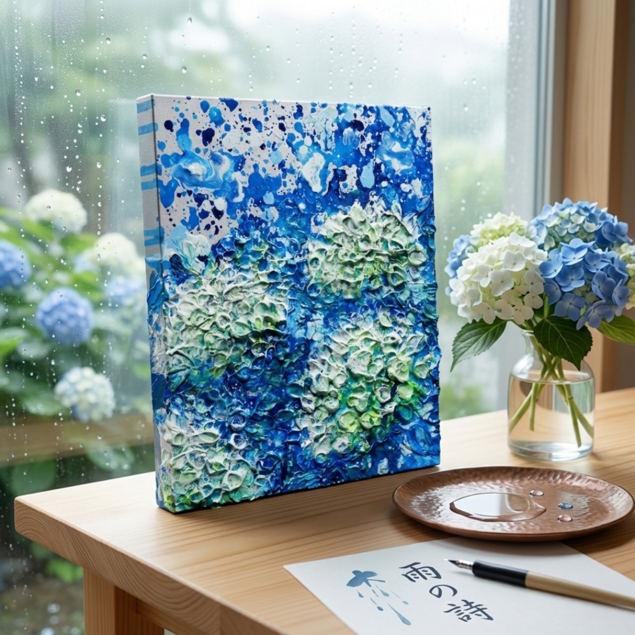 初夏の雫】3Dテクスチャーアート / 紫陽花カラーのモダン油絵