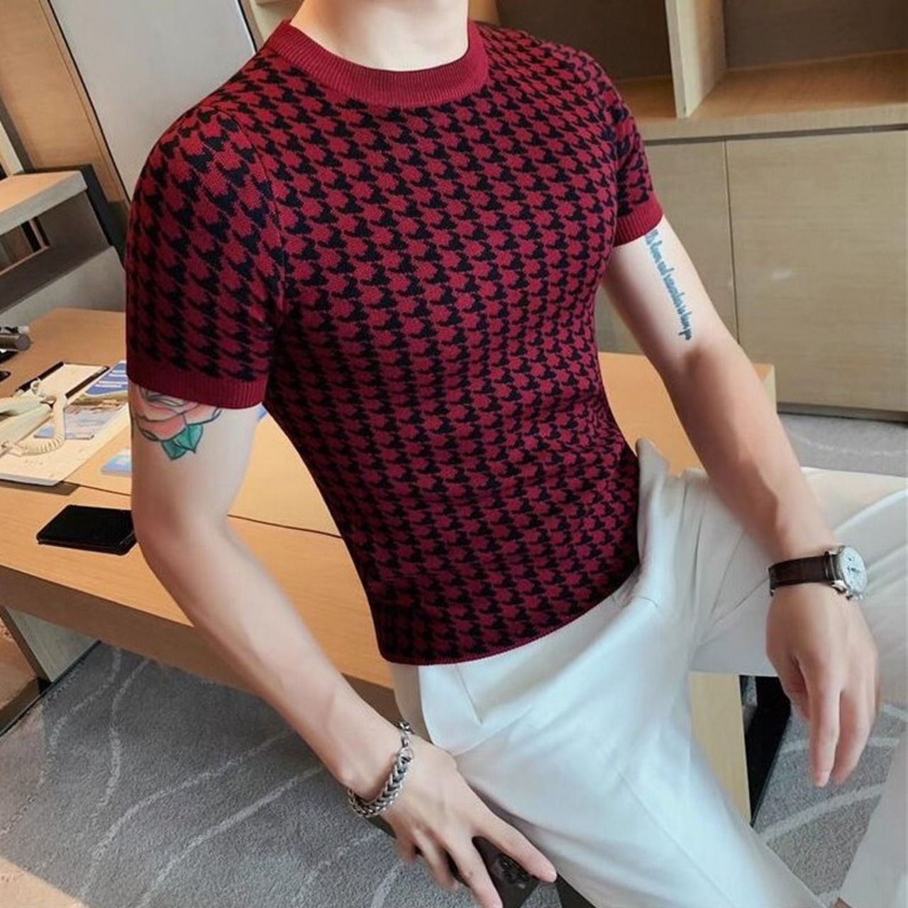 plaid crew neck sweater 00237