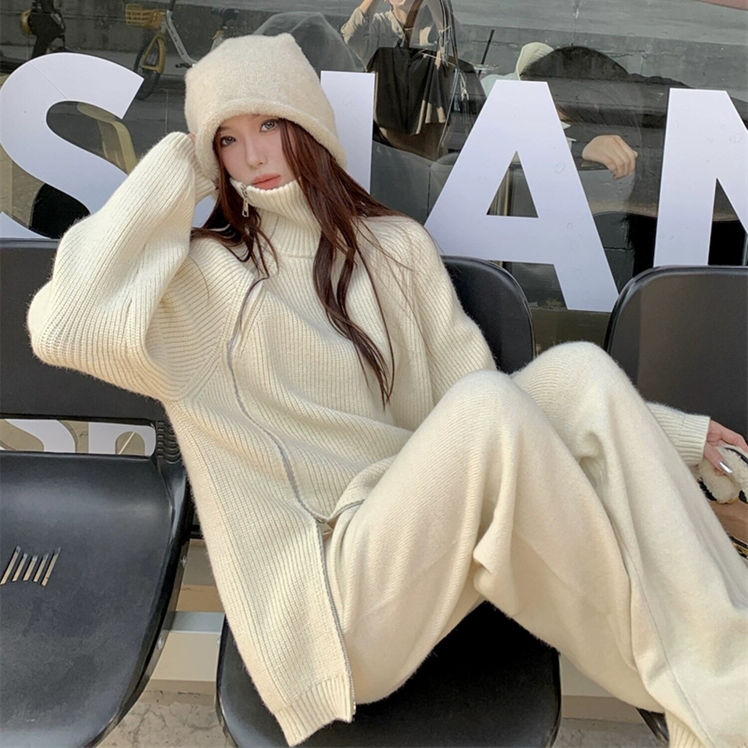 【set】ファスナーニットトップス×ワイドパンツセット N2326