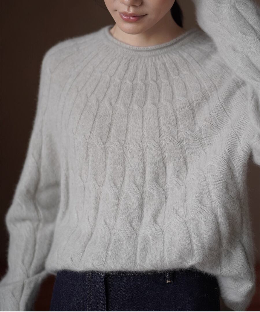 丸襟ウール混セーター◆ゆったりケーブルニット【t-10765】