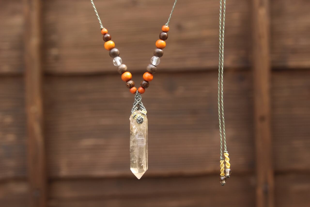 Himalayan crystal micro macrame wood pendant