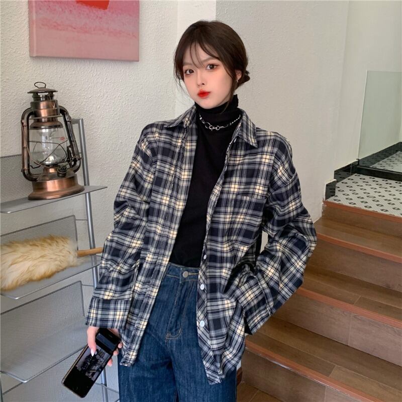 スプリングオータムルーズ格子柄シャツ ロング 春物 秋物 YY-ファッション31580637681