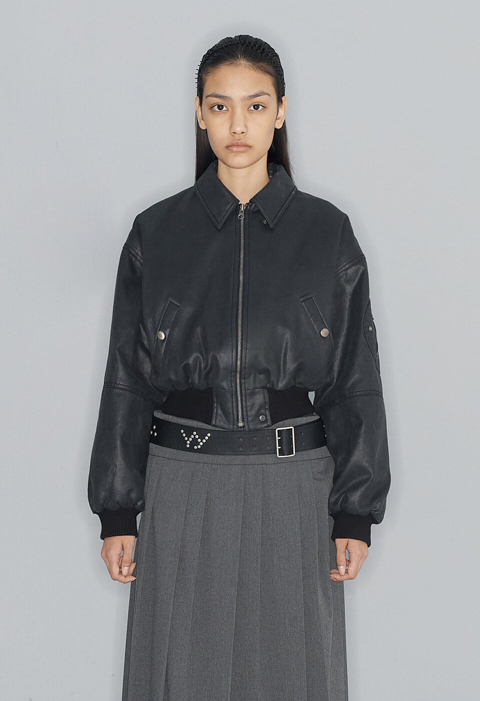 OPEN YY] PAPER LIKE CROP BOMBER, BLACK 正規品 韓国ブランド 韓国