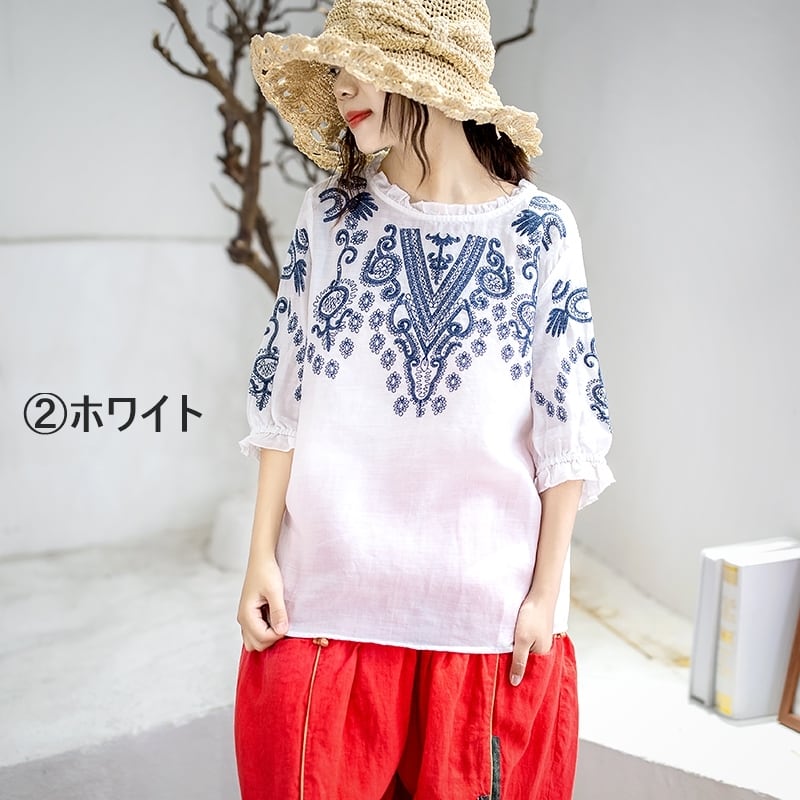 全2色2種 トップス Tシャツ ブラウス 刺繍 ボタニカル 花柄 麻 リネン ラウンドネック フリルネック 7分袖 ゆったり 大人 カジュアル  お出かけ リゾート レトロ 夏