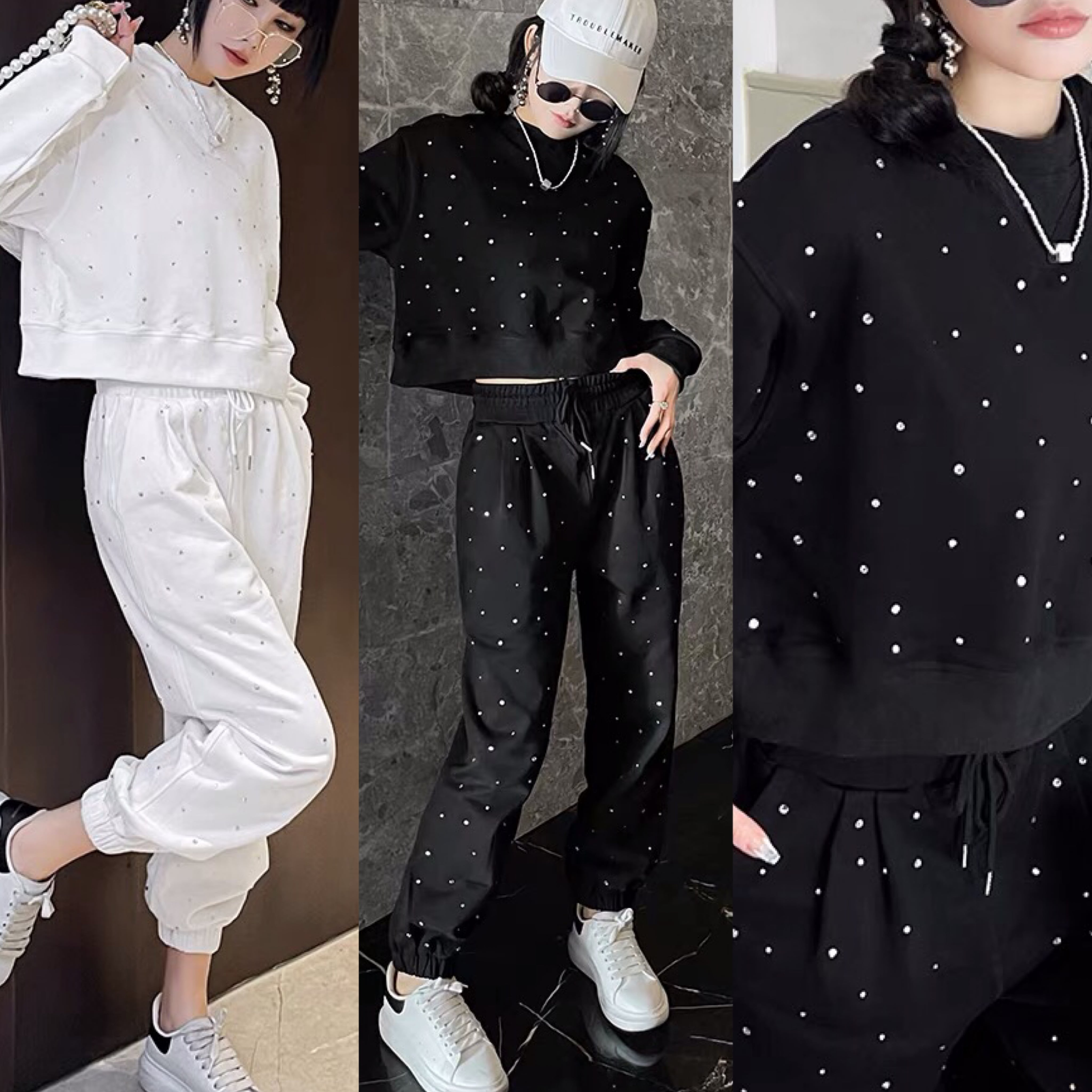 セットアップ】スウェット 黒 ブラック ストリート 白 ラインストーン