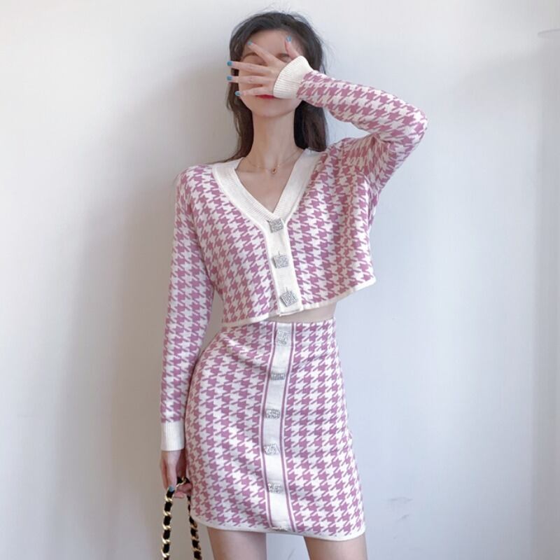 レディースVネックニットカーディガンハイウェストウェストスカート ロング ピンク YY-ファッション24034506993