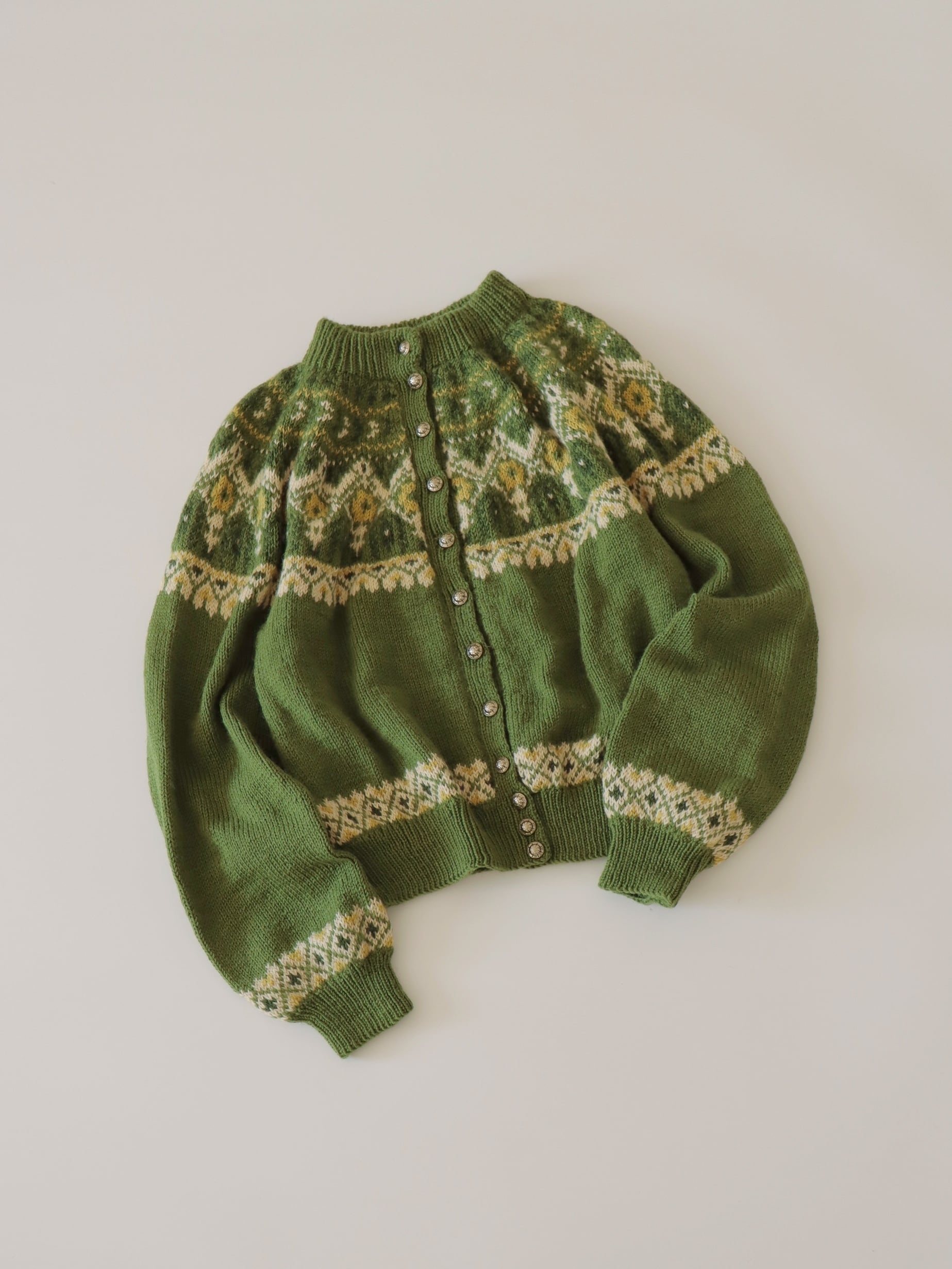 ●Hand knitted front design button green color nordic cardigan