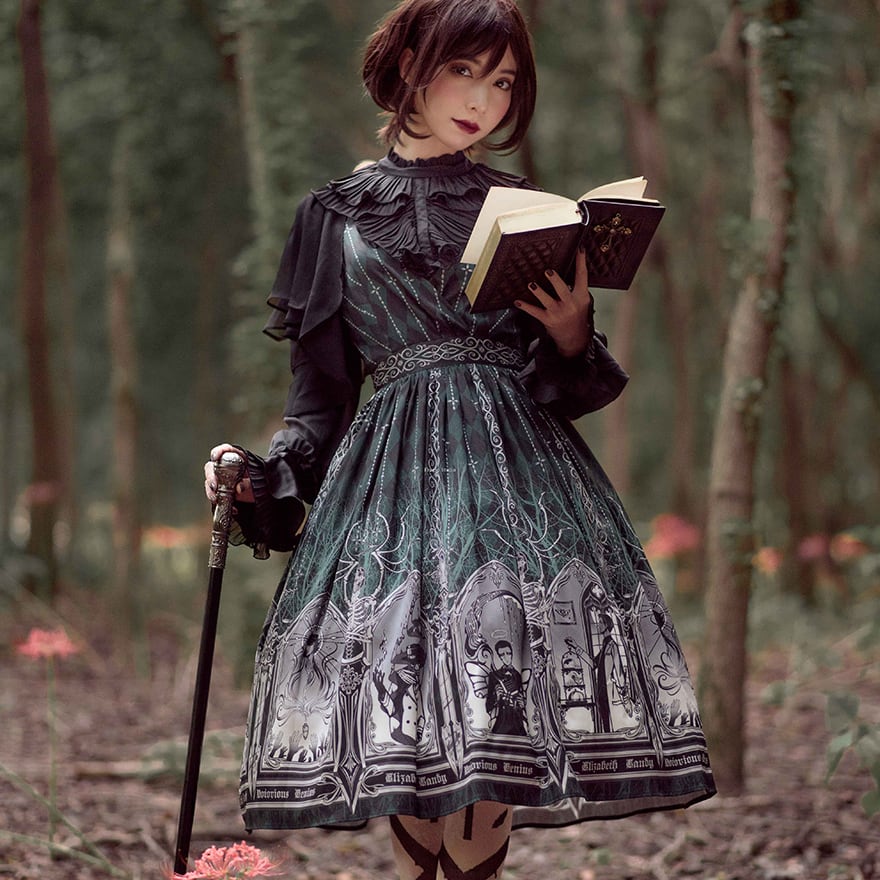 サブカル 服 地雷系 通販 クラロリ ジャンパースカート ショート丈 ロング丈 絵画風プリント 森ガール 上品 エレガント 量産型