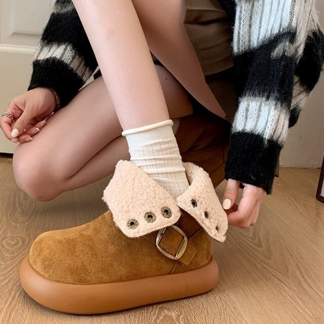 【予約販売】ブーツ レディース キャメル ブラウン ボア バックル スエード 防寒 ミドル丈 厚底 ヒール カジュアル 可愛い トレンド 靴 お洒落 韓国 秋 冬 22.5cm/23cm/23.5cm/24cm/24.5cm/25cm