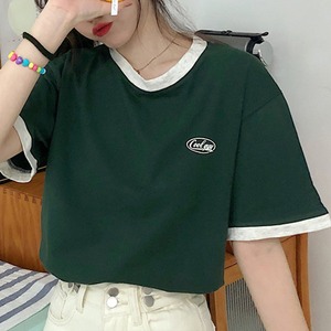 バイカラー Tシャツ 半袖 レディース 春夏 韓国 大人 カジュアル おしゃれ ロゴT ゆったり トップス ラウンドネック シンプル 大人可愛い 大人女子