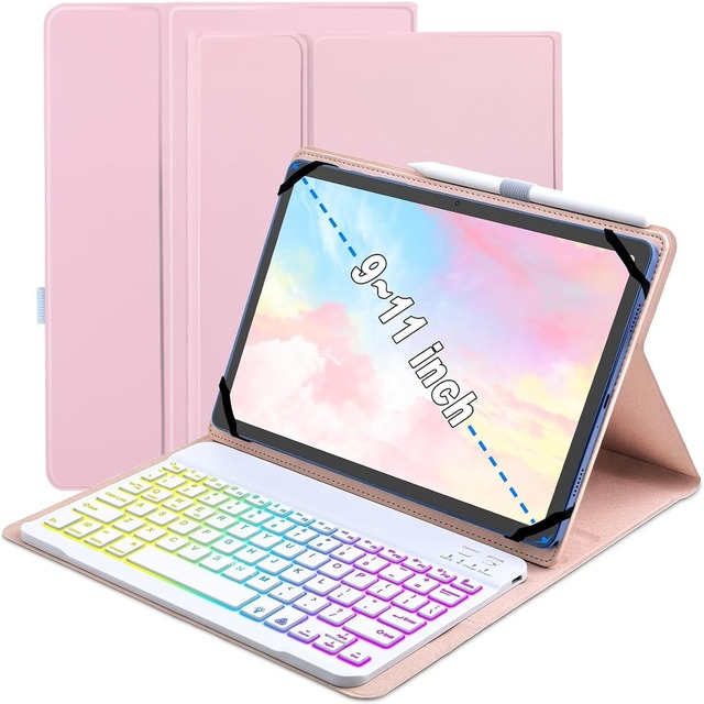 9～11インチ対応 タブレット用 キーボードケース Android 16 15 14 13 12 タブレット用の Bluetoothキーボード付き ケース レインボーバックライト付き iPad Android Windows アンドロイド 9インチ 10インチ 11インチ対応 (ピンク)