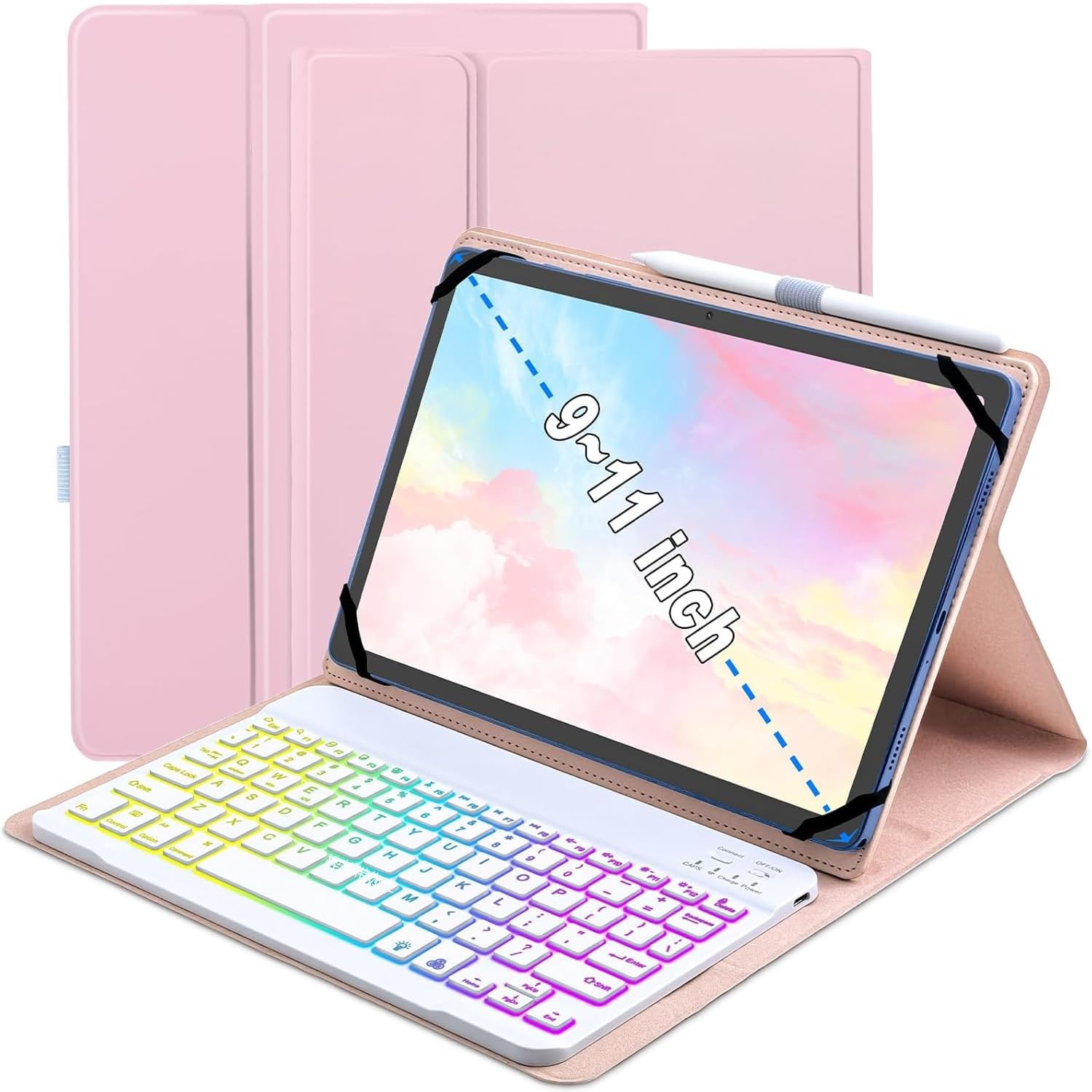 9~11インチ対応 タブレット用 キーボードケース Android 16 15 14 13 12 タブレット用の Bluetoothキーボード付き ケース レインボーバックライト付き iPad Android Windows アンドロイド 9インチ 10インチ 11インチ対応 (ピンク)