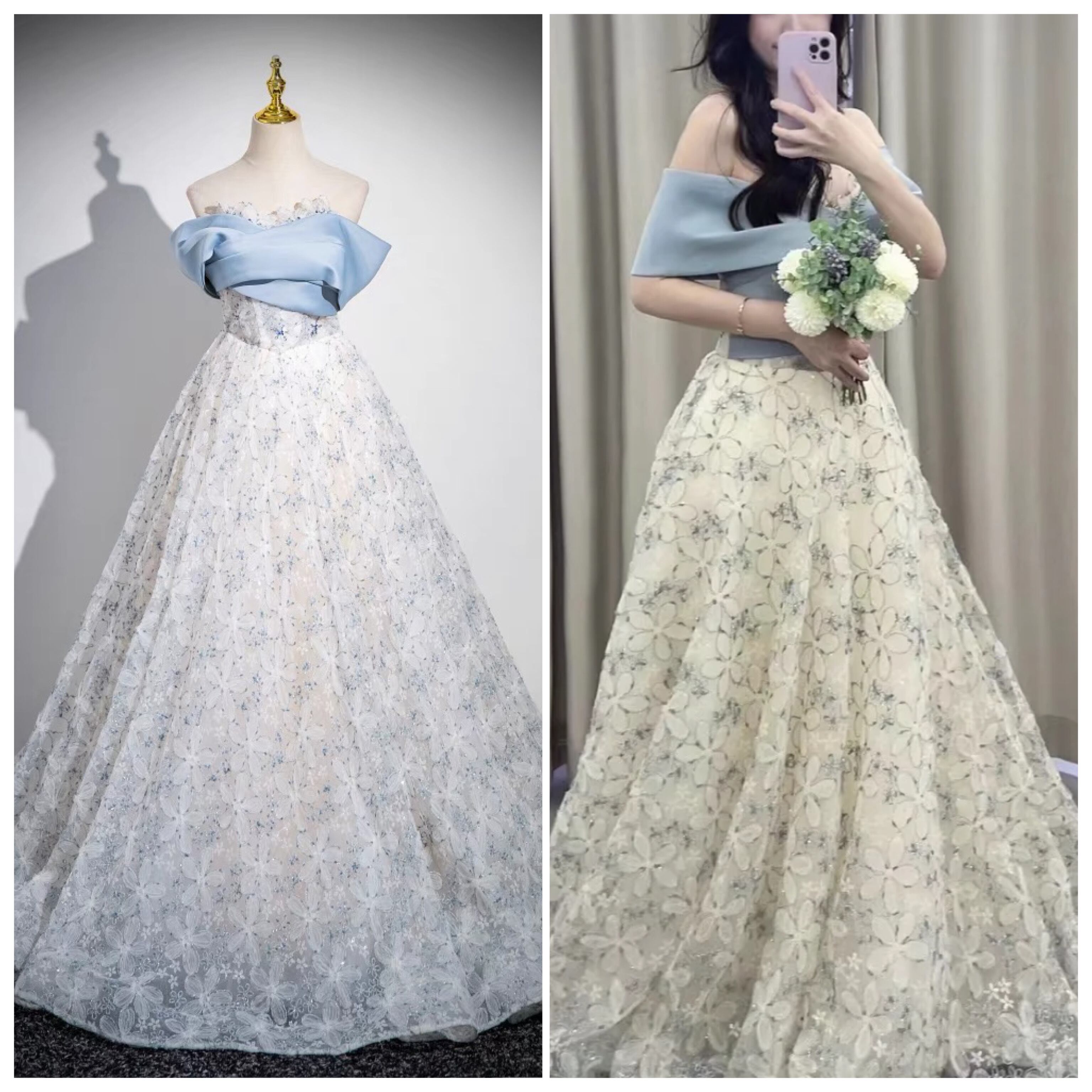 ウェディングドレスオフショルダーボリューム袖パフスリーブAライン二次会