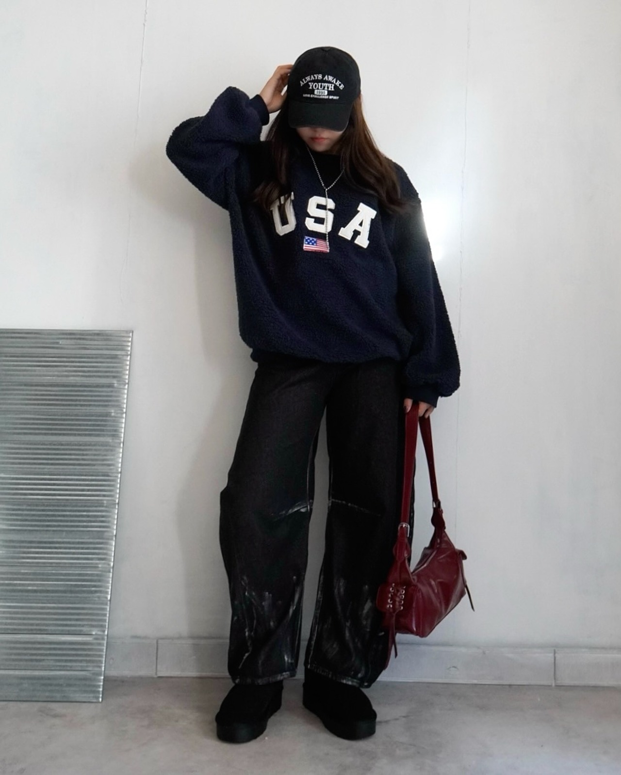 【USA】刺繍ボアプルオーバー【unisex】/ダークネイビー