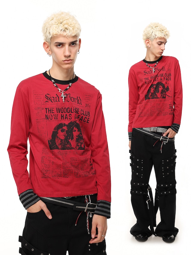 【CODONA SELECT】ロックグラフィックプリント × 袖ボーダーフェイクレイヤード 長袖Tシャツ