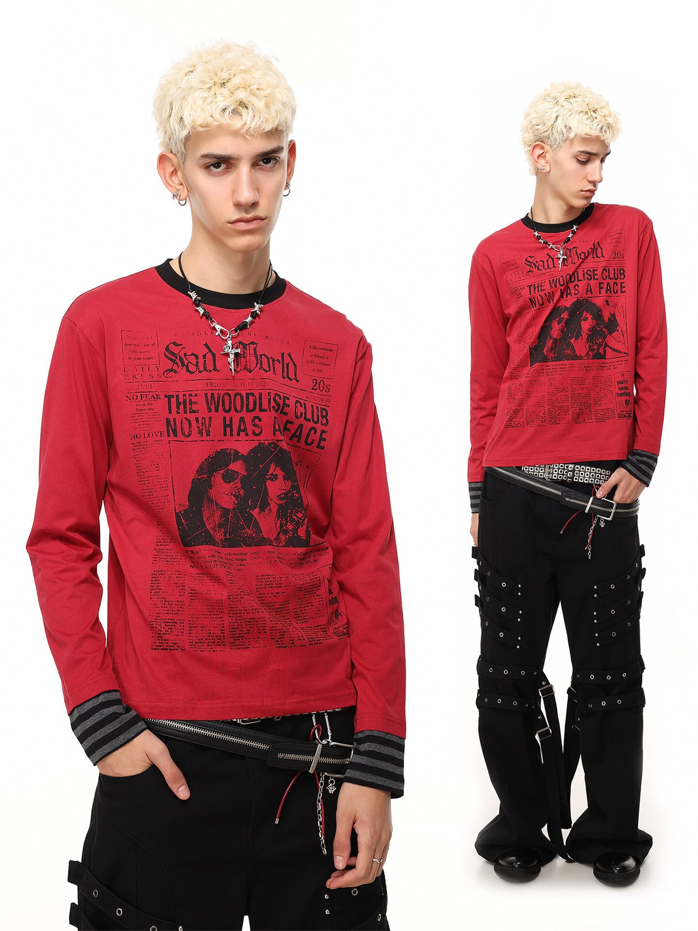 【CODONA SELECT】ロックグラフィックプリント × 袖ボーダーフェイクレイヤード 長袖Tシャツ
