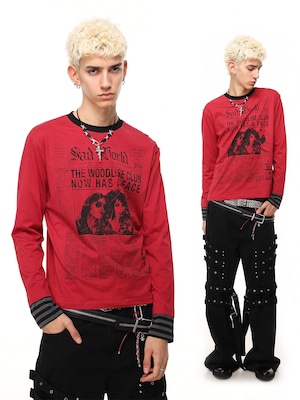 【CODONA SELECT】ロックグラフィックプリント × 袖ボーダーフェイクレイヤード 長袖Tシャツ