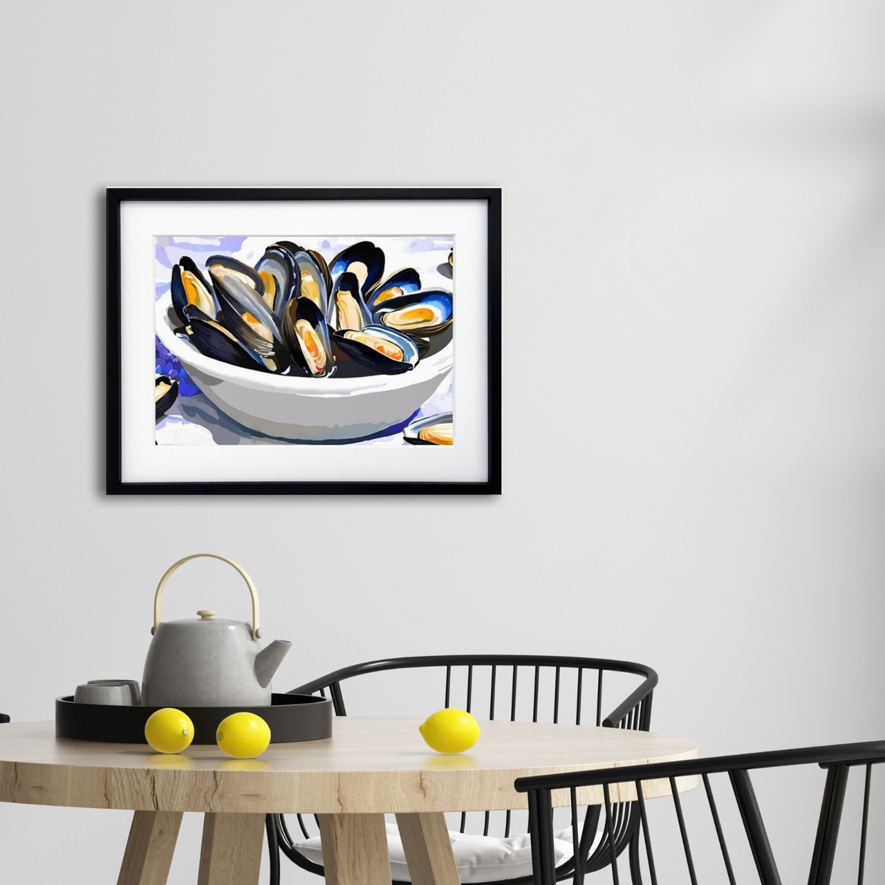 ムール貝のある食卓｜ブルーとオレンジが織りなす美食アートポスター｜キッチンやダイニングを彩る上質なモダンインテリアA3ポスター
