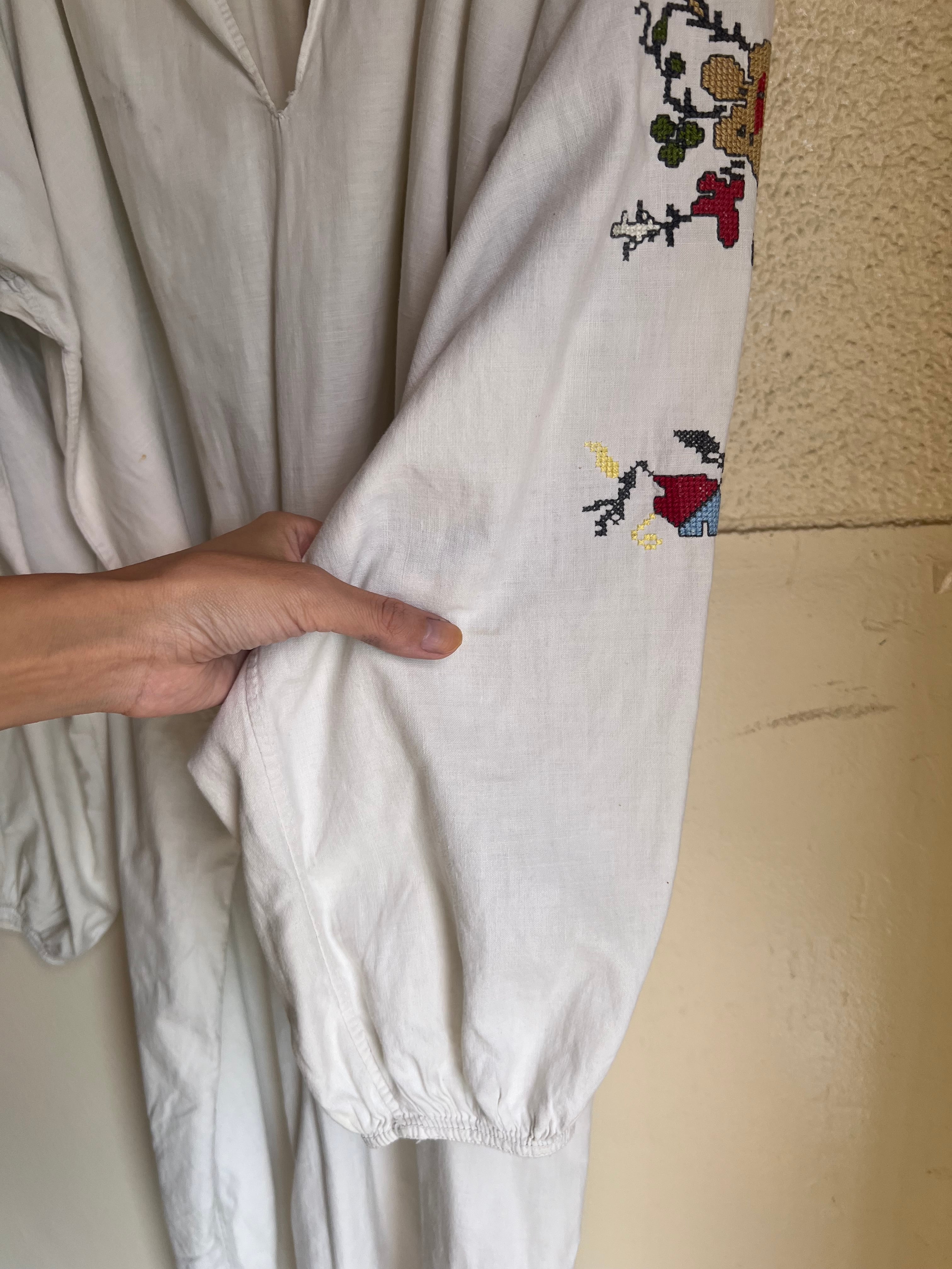 Vintage Ukraina multicolor floral embroidery white cotton dress 