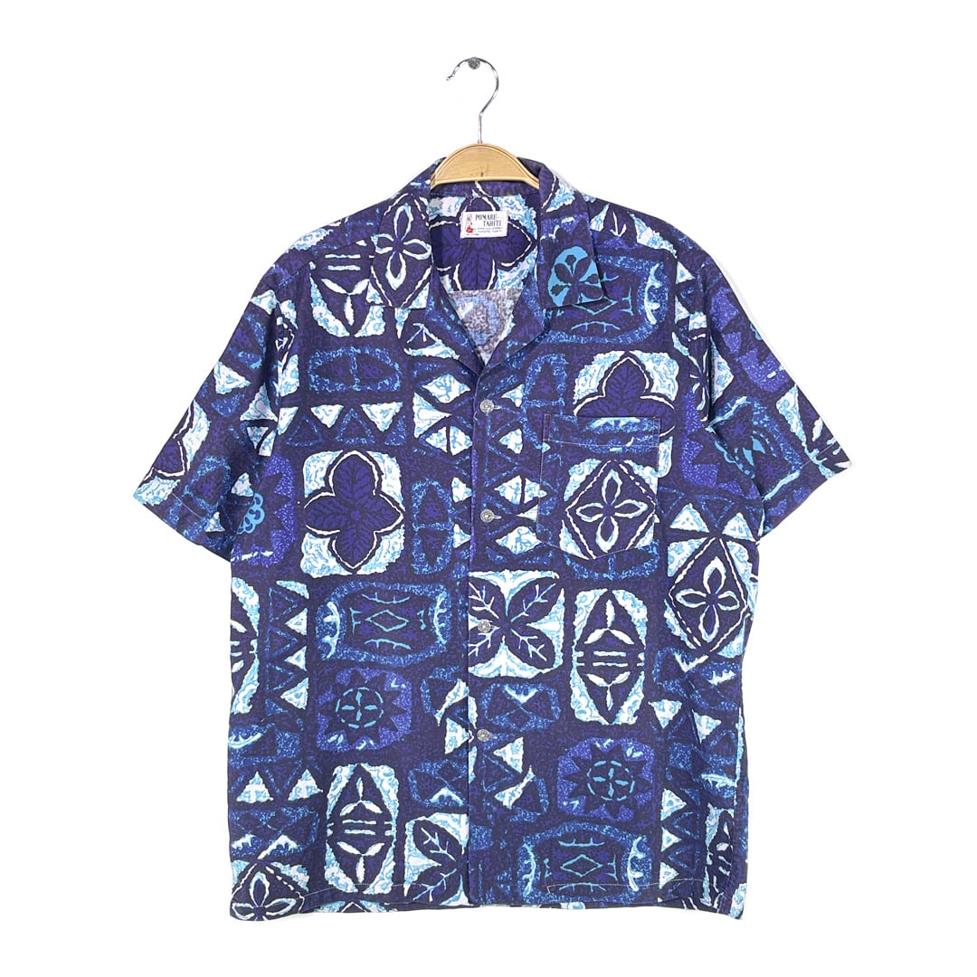 70s POMARE-TAHITI ヴィンテージアロハシャツ 古銭ボタン 総柄 コットン ハワイアン メンズL 古着 @CD0156