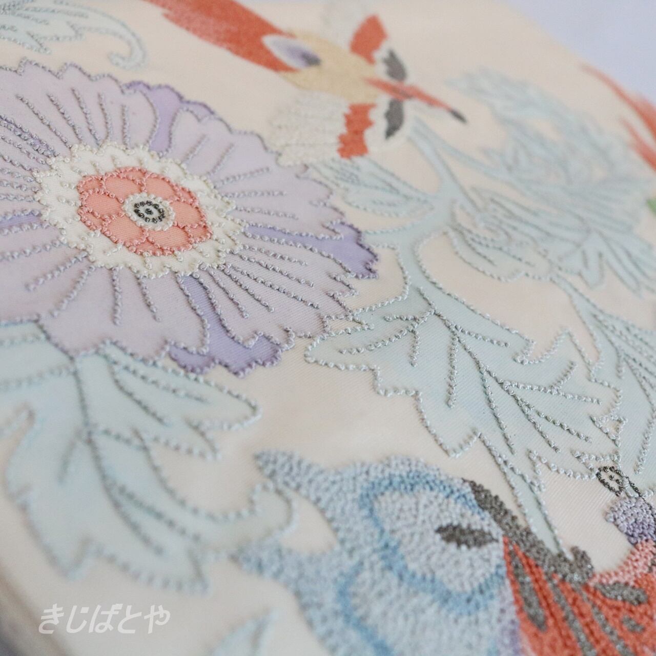 相良刺繍 袋帯 ビーズ刺繍のようなかわいい袋帯 花と鳥 正絹 アンティーク