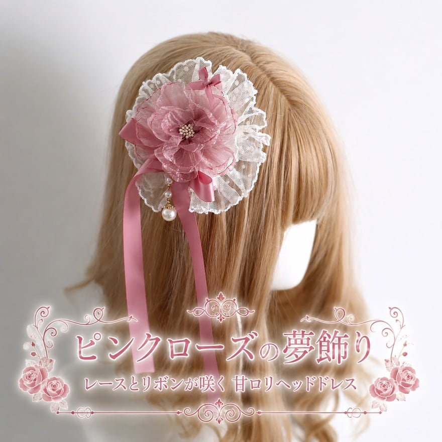 花霞に揺れる夢飾り 大輪フラワーとレースの甘ロリヘアアクセサリー
