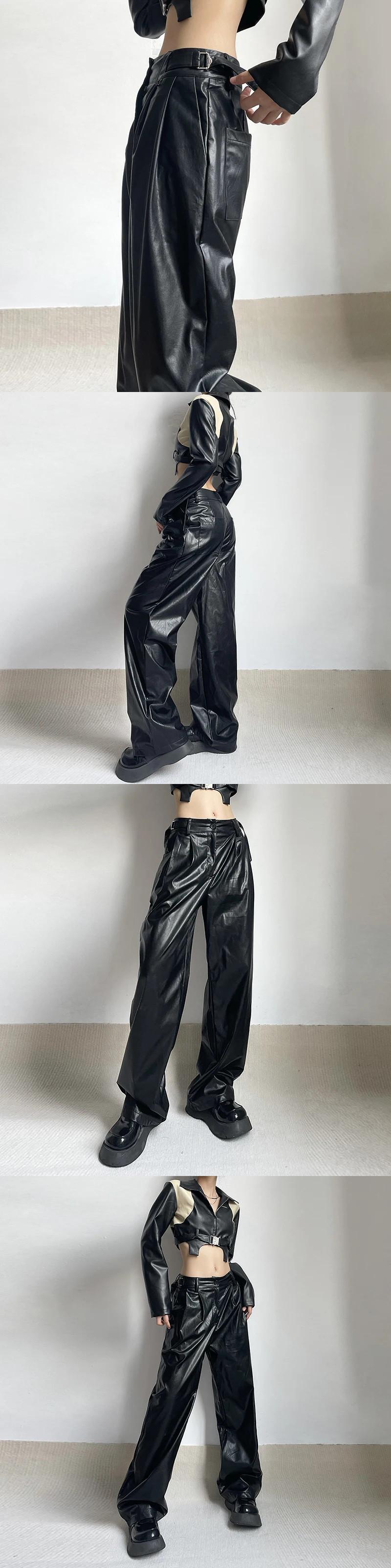 Weekeep ローライズレザーパンツ女性だぶだぶストレート PU カーゴ