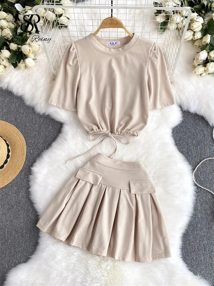 Sing補強-女性の半袖パフスリーブドローストリングトップとハイウエストプリーツスカート、カジュアルサマースーツ、ファッション、2ピースセット、2022_175