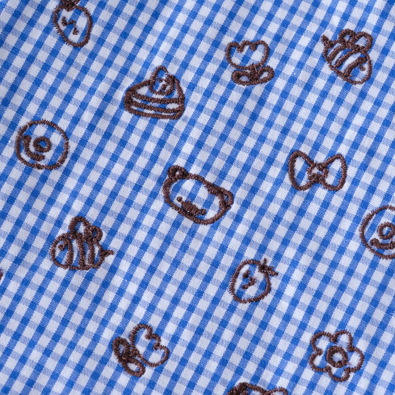 刺繍入りギンガムチェックの巾着ポーチ 巾着袋 mopoちゃん（ブルー