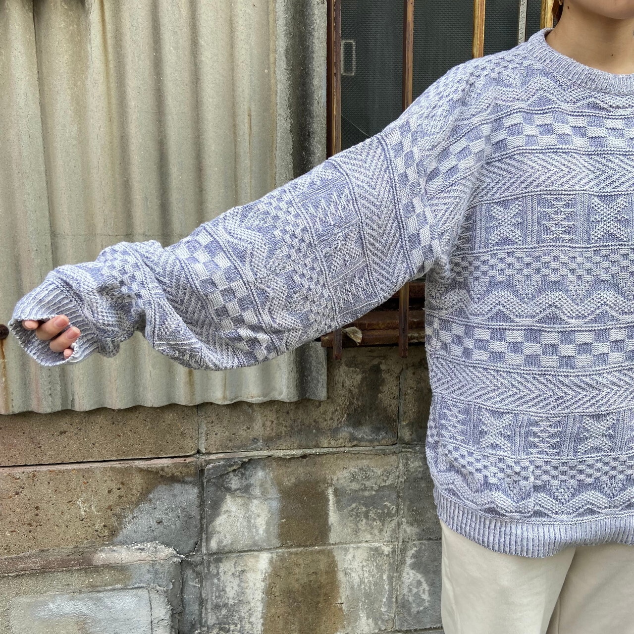 USA製 ROYAL NORTH MILLS OUTFITERS 3Dニット 幾何学柄 総柄 コットン 